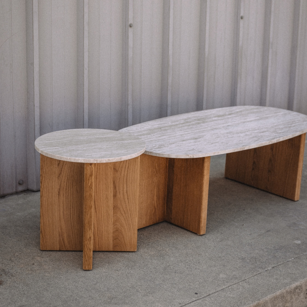 Sporo 47.25" Travertine Coffee Table & Side Table Set - Natural Oak