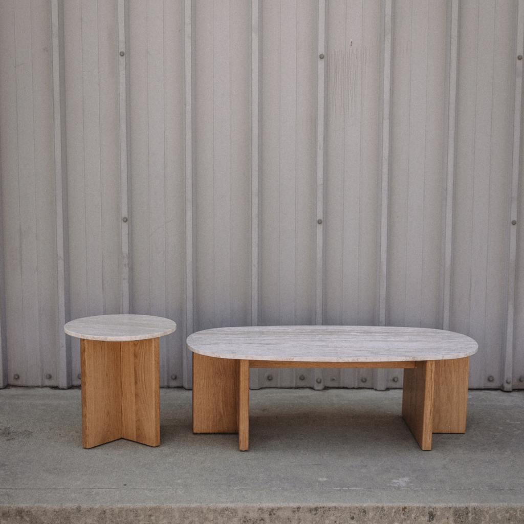 Sporo 47.25" Travertine Coffee Table & Side Table Set - Natural Oak