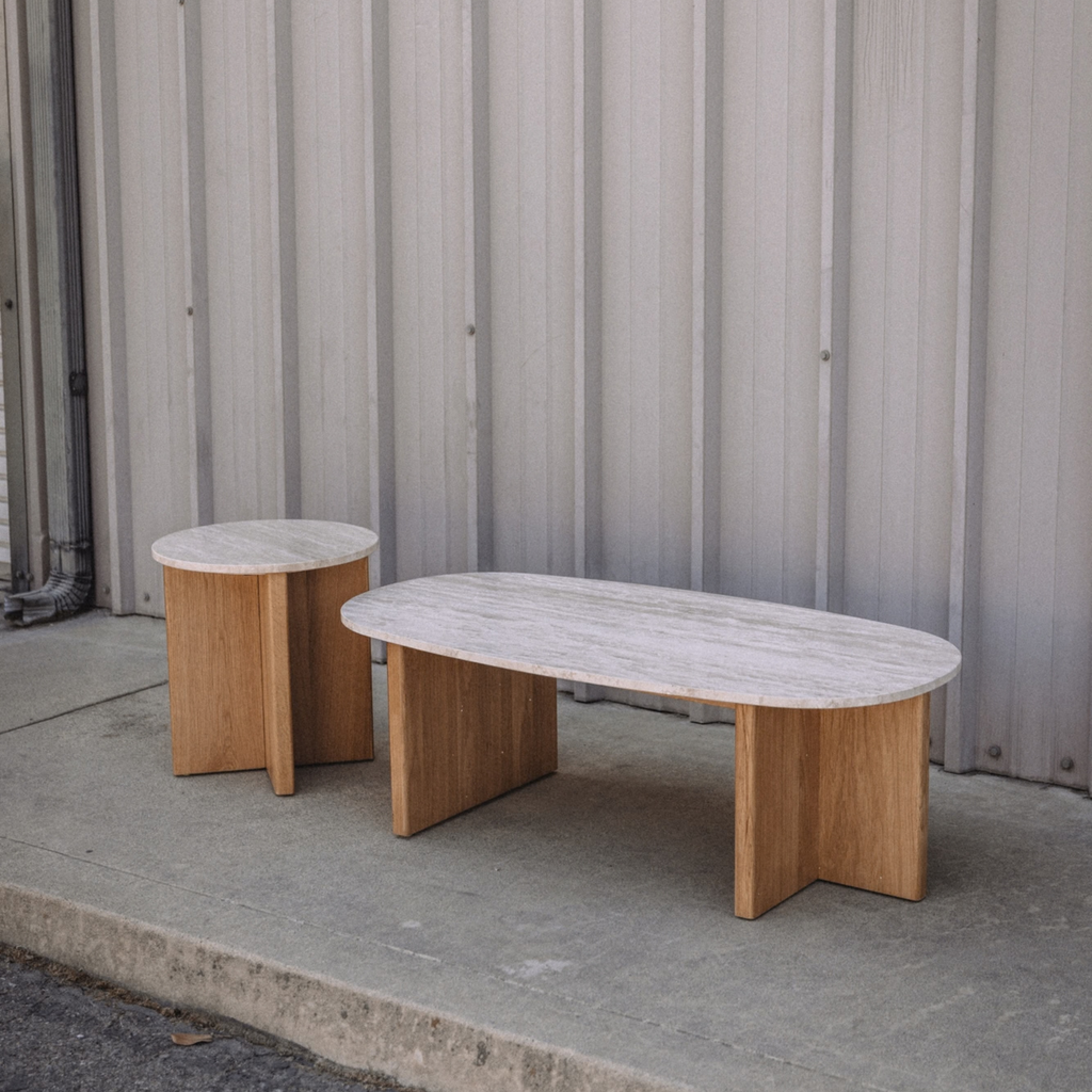Sporo 47.25" Travertine Coffee Table & Side Table Set - Natural Oak