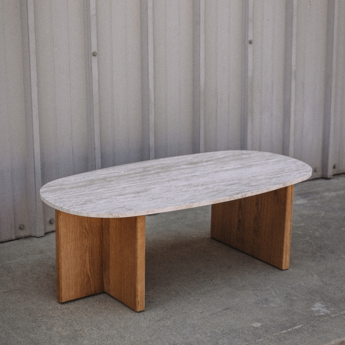 Sporo 47.25" Travertine Coffee Table & Side Table Set - Natural Oak