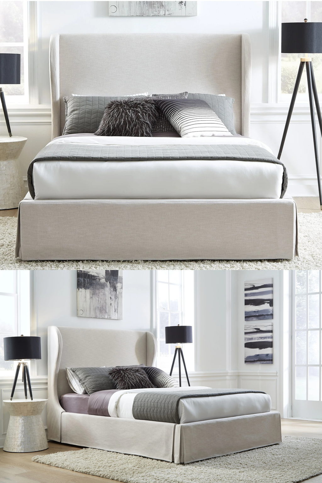 Modus Hera Upholstered Skirted Storage Panel Bed in Oatmeal