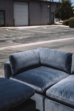 Bellamia Bella Pillow 3 Seater + Storage Ottoman - Dusty Blue Velvet