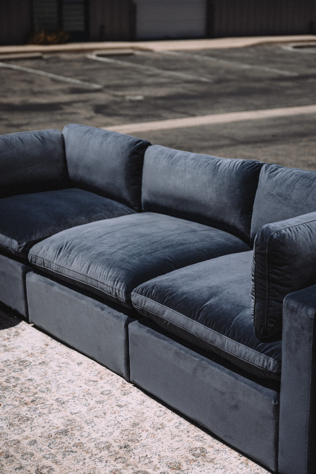 Bellamia Bella Pillow 3 Seater + Storage Ottoman - Dusty Blue Velvet