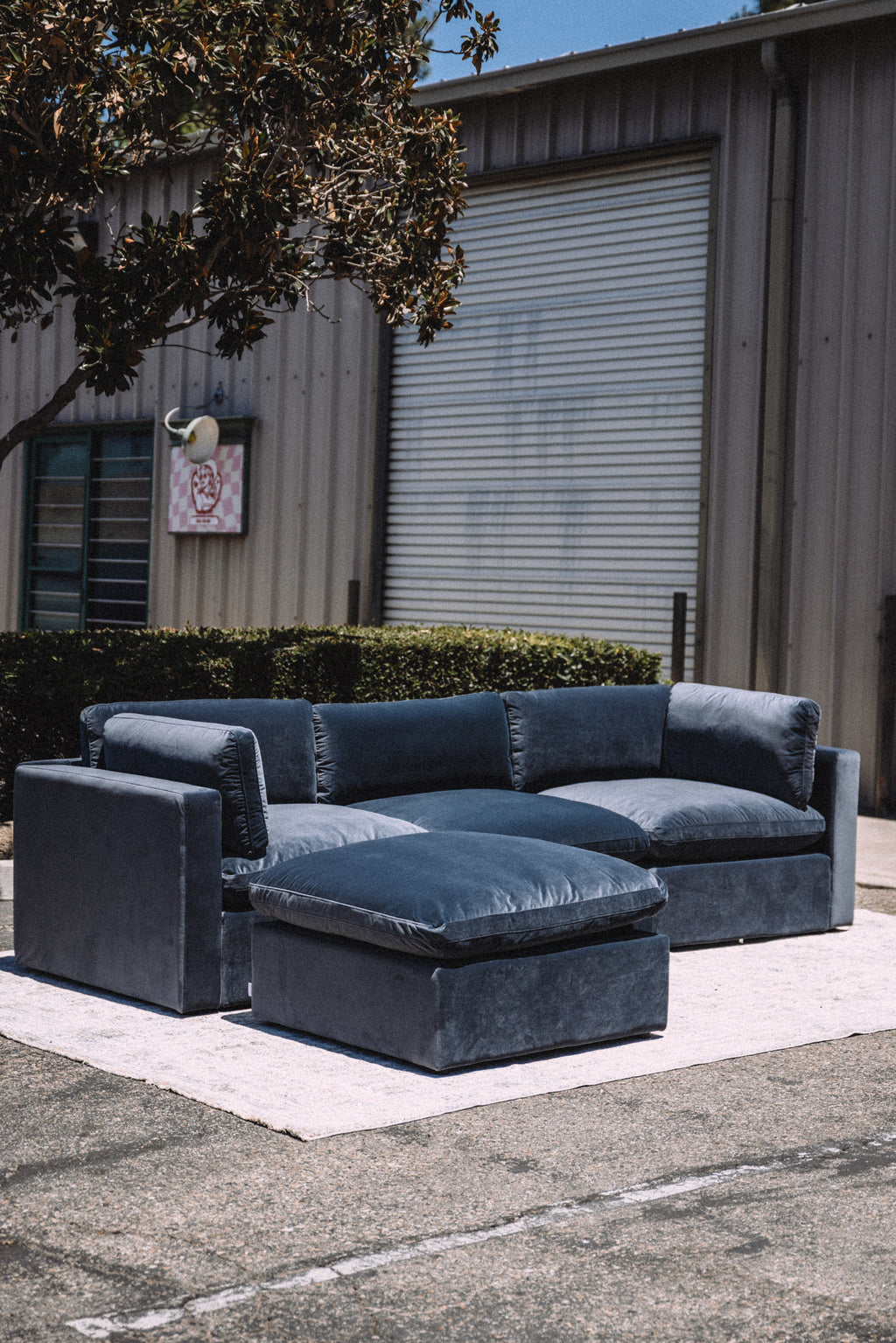 Bellamia Bella Pillow 3 Seater + Storage Ottoman - Dusty Blue Velvet