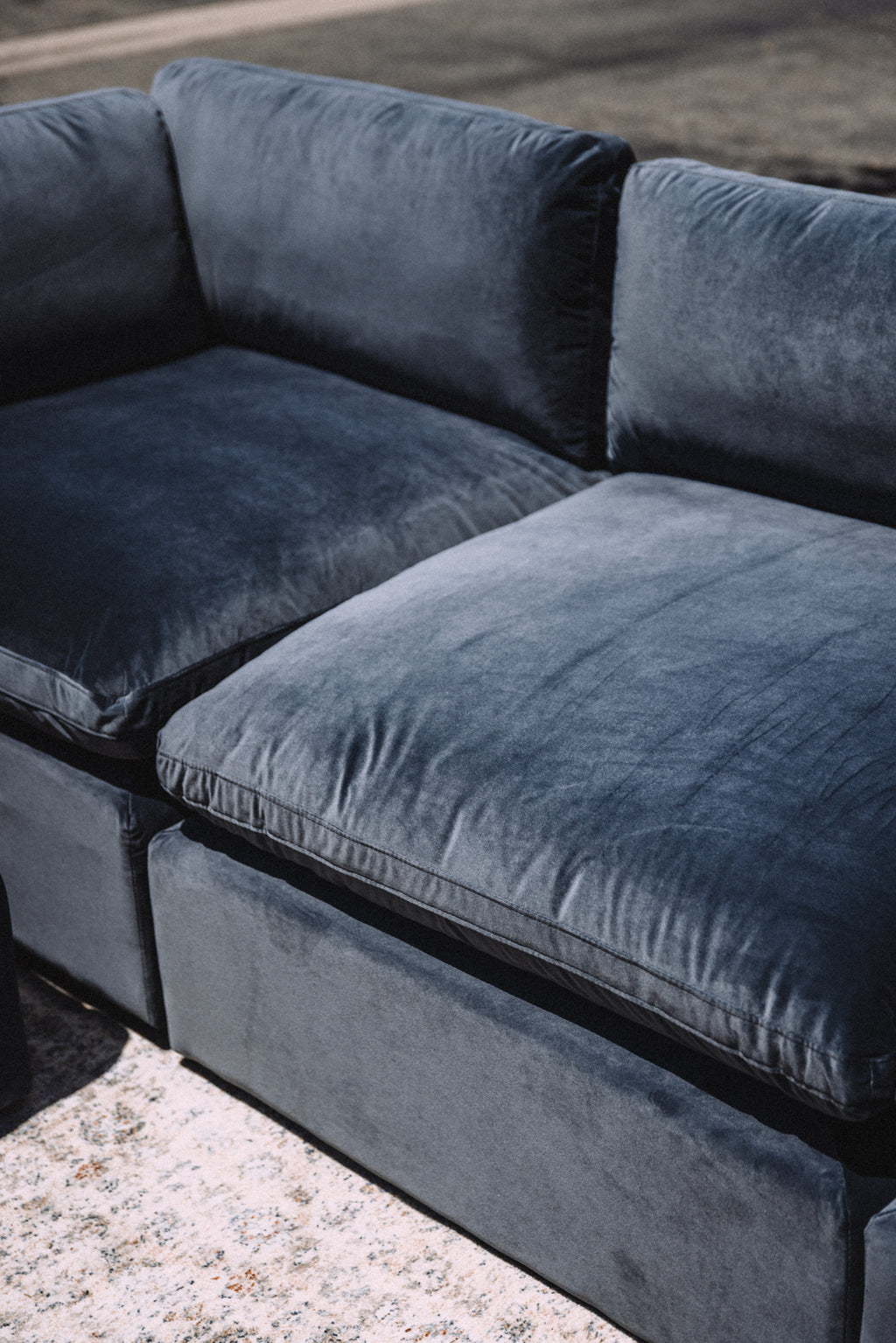 Bellamia Bella Pillow 3 Seater + Storage Ottoman - Dusty Blue Velvet