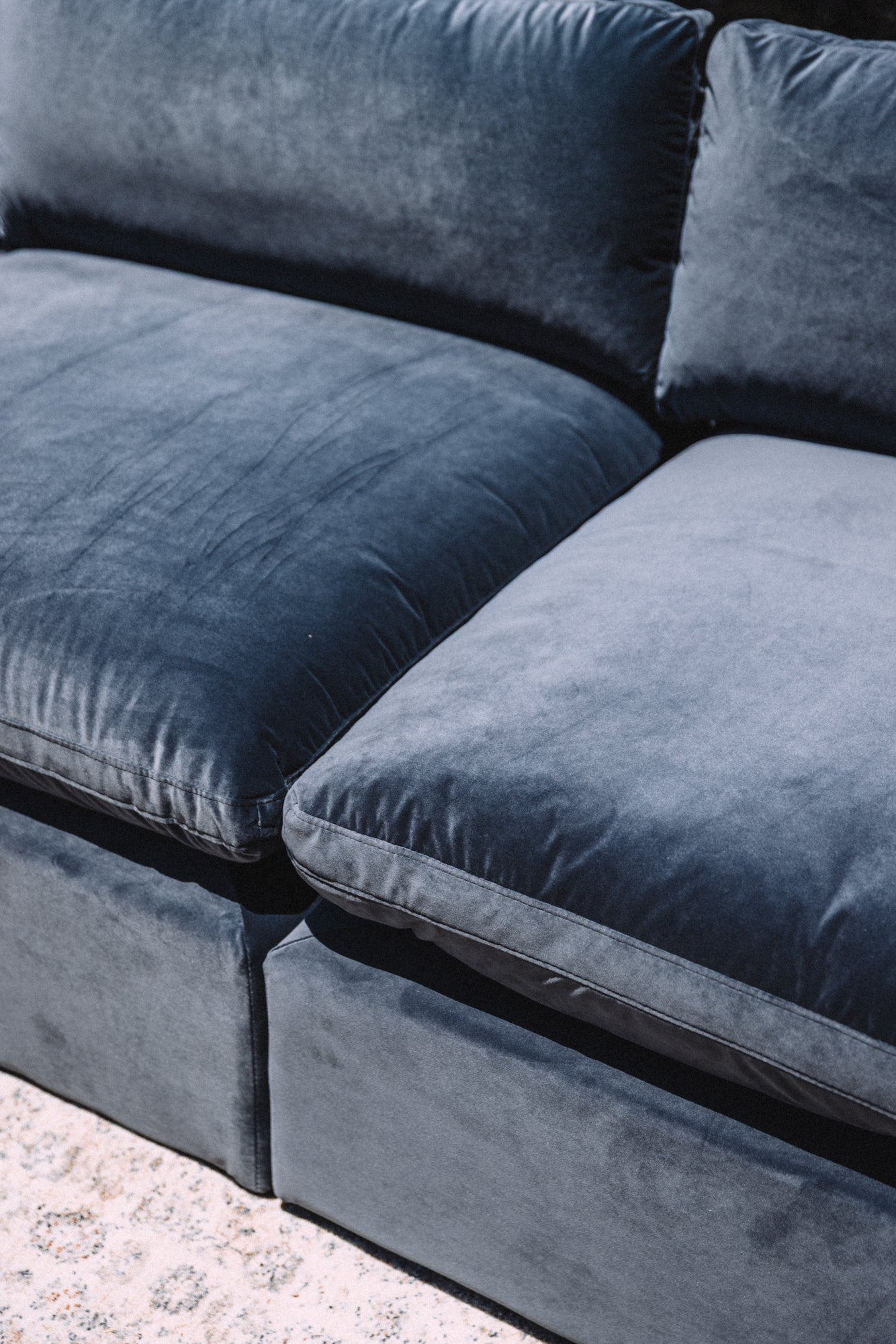 Bellamia Bella Pillow 3 Seater + Storage Ottoman - Dusty Blue Velvet