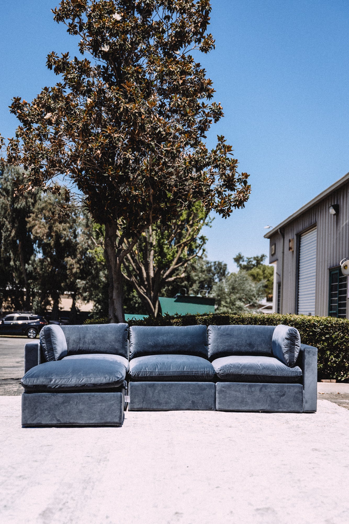 Bellamia Bella Pillow 3 Seater + Storage Ottoman - Dusty Blue Velvet