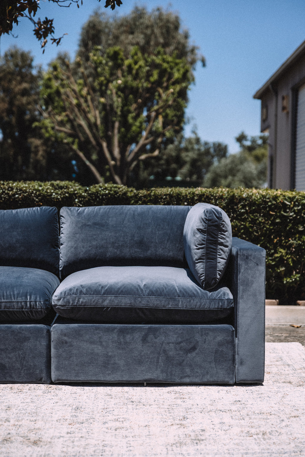 Bellamia Bella Pillow 3 Seater + Storage Ottoman - Dusty Blue Velvet