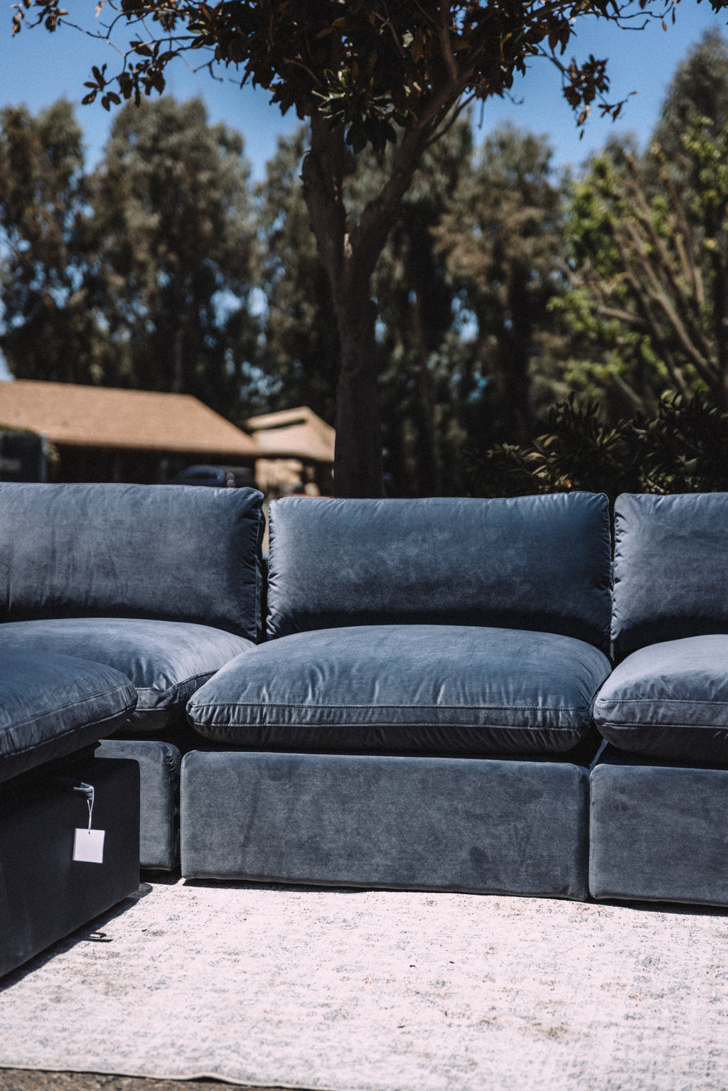 Bellamia Bella Pillow 3 Seater + Storage Ottoman - Dusty Blue Velvet