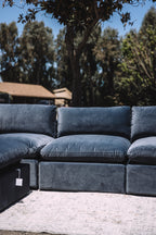 Bellamia Bella Pillow 3 Seater + Storage Ottoman - Dusty Blue Velvet