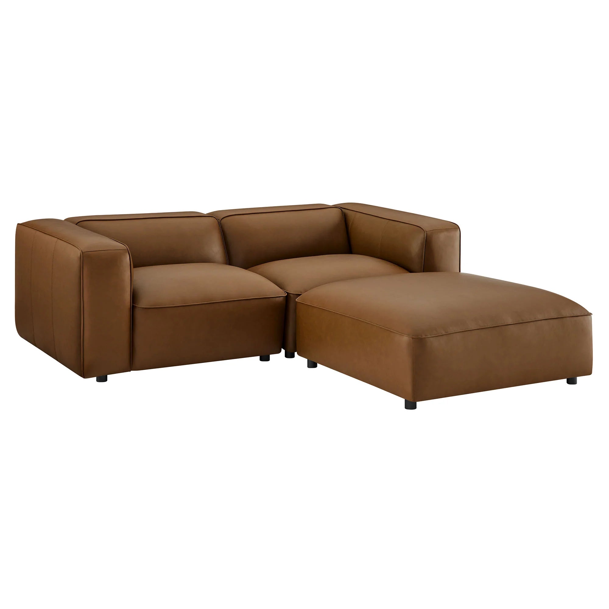 Auren 3-Piece Upholstered Vegan Leather Modular Loveseat with Ottoman in Coffee