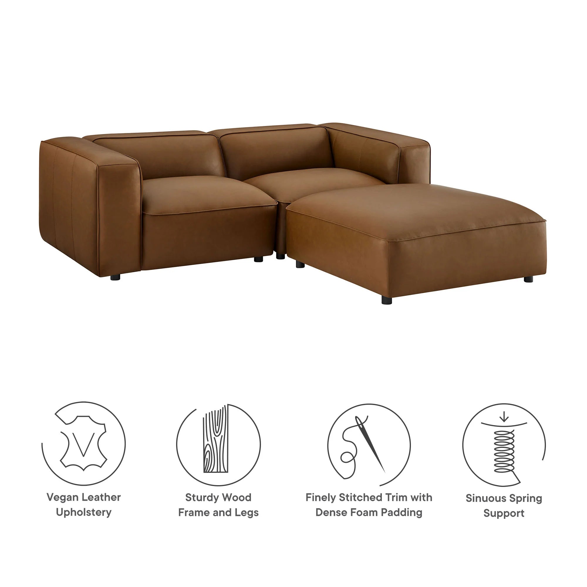Auren 3-Piece Upholstered Vegan Leather Modular Loveseat with Ottoman in Coffee