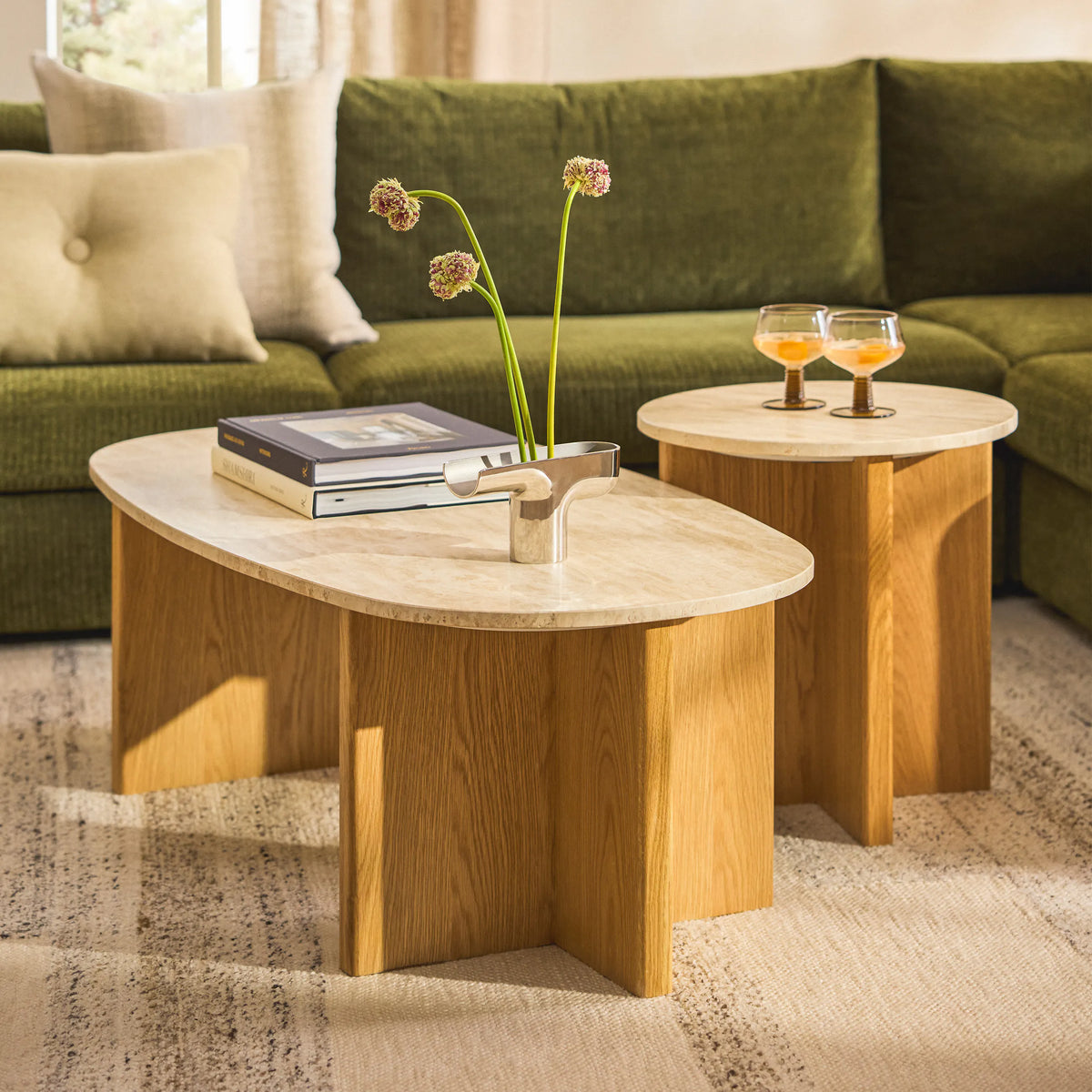 Sporo 47.25" Travertine Coffee Table & Side Table Set - Natural Oak