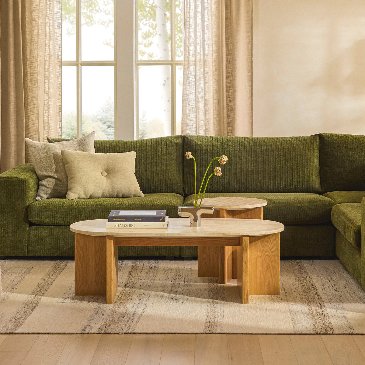 Sporo 47.25" Travertine Coffee Table & Side Table Set - Natural Oak